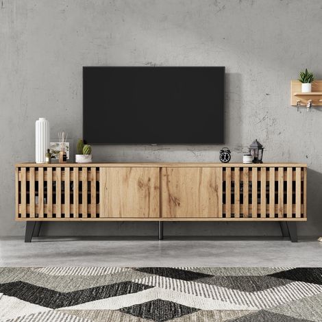 Meuble TV pour TV jusqu'à 70 Pouces, Console TV en Bois de 180x40x55 cm, de Salon avec 8 Compartiments et 4 Portes, Naturel (1/5)