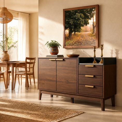 FLORAGRACE Buffet de salon décor bois foncé, plateau effet marbre, 3 tiroirs, double porte (1/5)