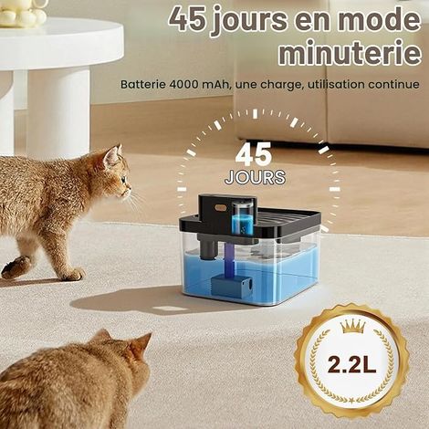 Fontaine à Eau pour Chat, 2.2L Fontaine a Eau Chat sans Fil, 4000mAh Silencieuse Fontaine a Eau Chat Detecteur de Mouvement pour Chat Chiens (1/4)