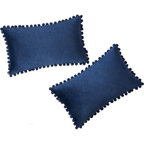Lot de 2 housses de coussin décoratives en velours à pompons, couleur unie, douces et carrées, 45 x 45 cm, vert foncé, pour canapé, chambre ou voiture. (1/5)