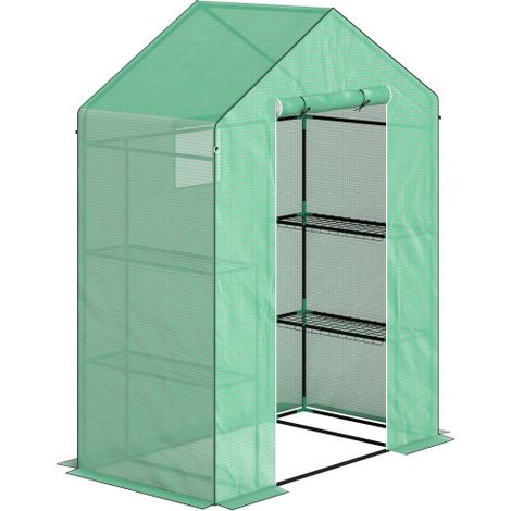Gewächshaus mit Rolltür, Fenster, Regale, winterfest Foliengewächshaus aus Stahl, Treibhaus für Balkon, Garten, Tomatenhaus 143 x 74 x 190 cm, Tomatengewächshaus für Tomaten, Gemüse, Grün 
On-Site