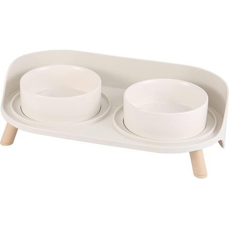 Double Gamelle Chat Surélevée en Céramique - Gamelle pour Chat avec Support Antidérapant - Bols pour Eau et Nourriture, Anti-Éclaboussures, pour Chiots et Petits Chiens - 2 x 320 ML - Blanc (1/5)