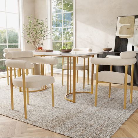FLORAGRACE Table à manger 140x80x75cm en MDF blanc 5 pièces avec 4 chaises en velours beige, pieds métal dorés (1/5)