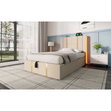 Polsterbett 90x200 cm Beige mit LED, Stauraum, USB/Type-C, ohne Matratze – MEUBLIV
