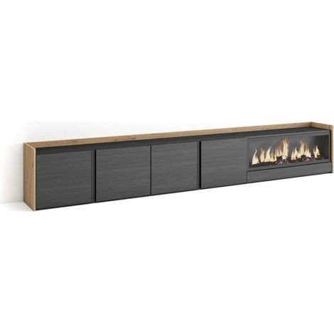Mueble TV Benagalbón-02 de 315x50x35 cm con chimenea eléctrica XXL, color negro y roble (1/4)