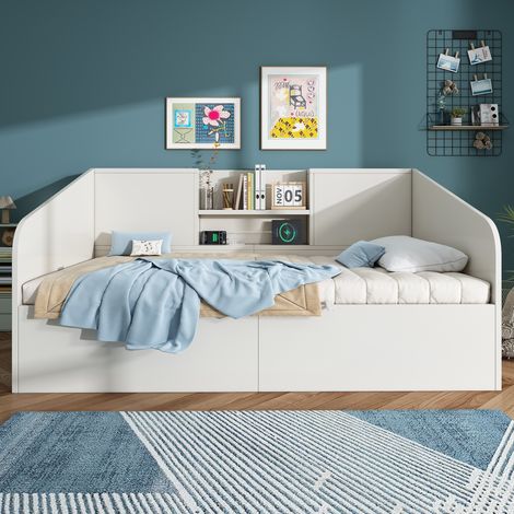 Lit banquette hydraulique 90x190 cm blanc en bois avec 2 étagères, grand coffre et station USB/Type-C, sommier inclus, gain de place (sans matelas)
