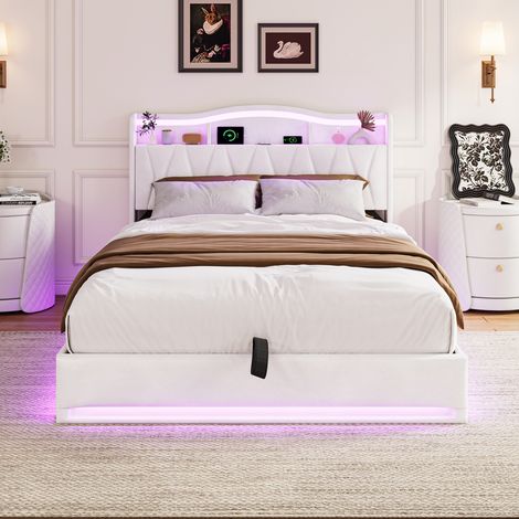 Cama Doble de 140 x 200 cm – Cama para adultos – Cama con almacenamiento – Iluminación LED RGB – Puerto USB Tipo-C – Terciopelo Beige (1/5)
