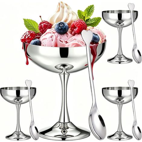4er-Set Edelstahl-Eisbechergläser (270 ml) mit 4 Edelstahllöffeln, Durchmesser 10,5 cm, Dessertschalen mit Boden, geeignet für Obstsalat, Joghurt und andere Desserts. (1/5)
