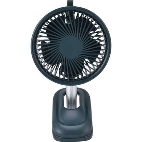 Wiederaufladbarer, tragbarer USB-Tischventilator, grün, mit eingebautem Akku, 360° automatischer Oszillation und universellem Drehclip zur Luftzirkulation. (1/5)