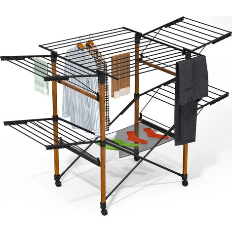 Étendoir à Linge Grande Capacité 173x94x123cm Séchoir à Linge Extensible Pliable avec roulettes et Maille Multifonction Imitation Bois pour Usage Intérieur et Extérieur Noir (1/5)