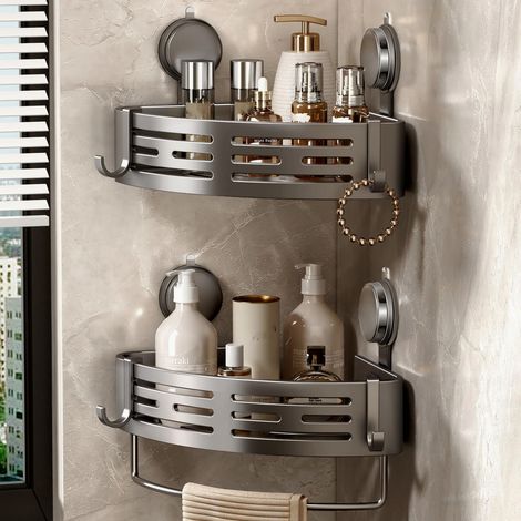Étagère de Douche d'Angle à Ventouse, 2 Pièces, Support de Salle de Bain Sans Percage avec Porte-Serviettes et Crochets, Rangement et Organisation pour Gel Douche (Gris) (1/5)