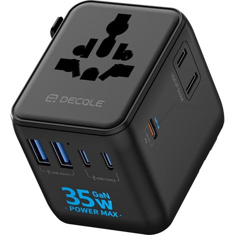 Adaptateur Prise Universelle avec 3 USB-C(GaN 35W) & 2 USB-A Adaptateur Voyage International, PAS un Convertisseur de Tension, Concerner France vers USA, UK, EU, AU & 200+ Pays (Noir) (1/5)