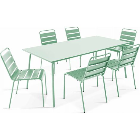 Ensemble table de jardin et 6 chaises en métal vert sauge - Palavas