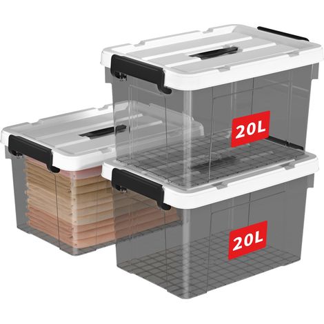 20L3 Boîte de Rangement, Bac de rangement avec Poignée, Plastique Organisateur avec Couvercle, Empilable, Transportable, pour Vêtements, Bureau, Dortoirs, Transparent Noir, 20L - Lot de 3 (1/5)