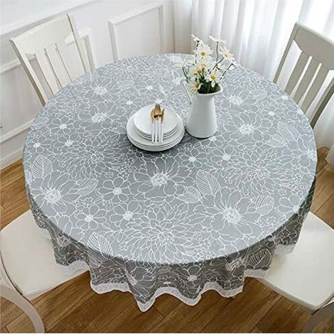 Nappe Toile cirée PVC Ronde, avec Motif Floral et Dentelle, Nappe Ronde Anti Tache Impermeable Nappe de Table Toile Cirée de Salle à Manger, pour Salle à Manger, Jardin, Café,Fête (Gris, 180cm) (1/4)
