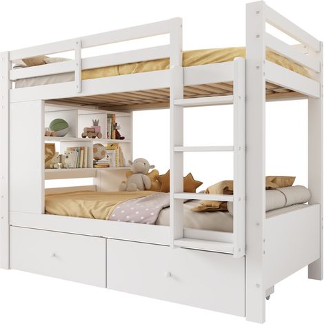 CHICFURN Litera infantil 90x200 cm blanca de madera con 2 cajones y estante abierto (1/5)