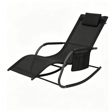 Chaise berçante de jardin ergonomique en tissu polyester noir, structure métal, appui-tête et poche latérale, 150 kg, pour terrasse et balcon CHICFURN (1/5)