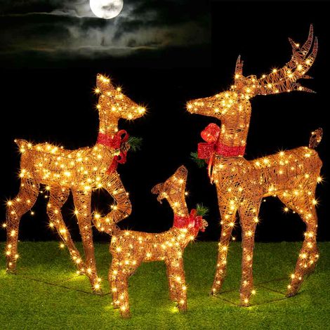 Famiglia 3 Renne Luminose di Natale 600 LED Bianco Caldo Intreccio Corda Esterno