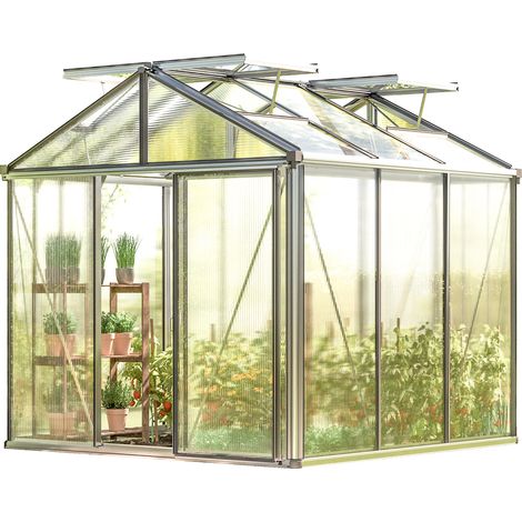 GFP Serre Diamas 21 Premium 235x235 cm avec cadre de fondation intégré Panneaux double paroi 16 mm, couleur aluminium nature