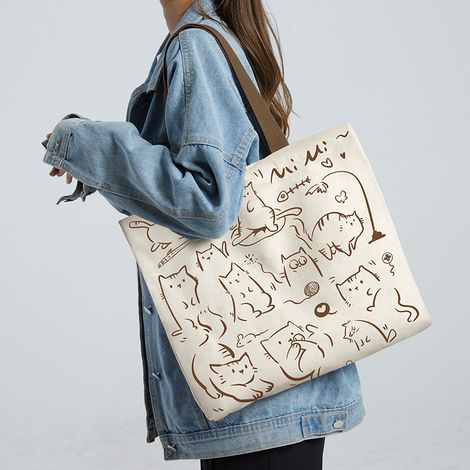 Sacs pour femmes, grand sac de transport réutilisable et mignon pour chat, cabas en toile avec fermeture éclair et poches, sac de courses en toile, avec sac en filet, cadeau idéal pour les amoureux de (1/5)
