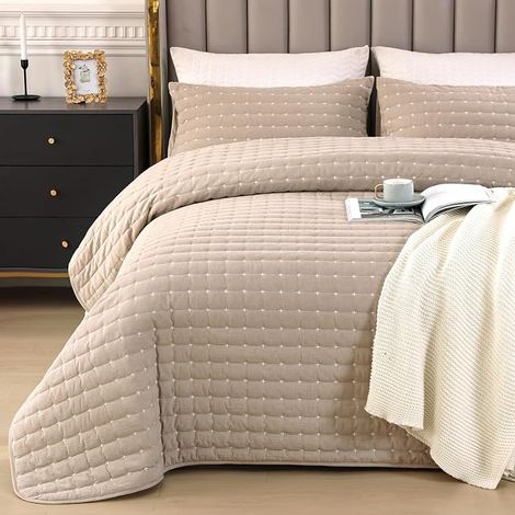 Qucover Soft Cotton Quilted Bedspread, Bedspread Cross Stitch Pattern (Kaki, 240 x 260 cm) (1/5)
