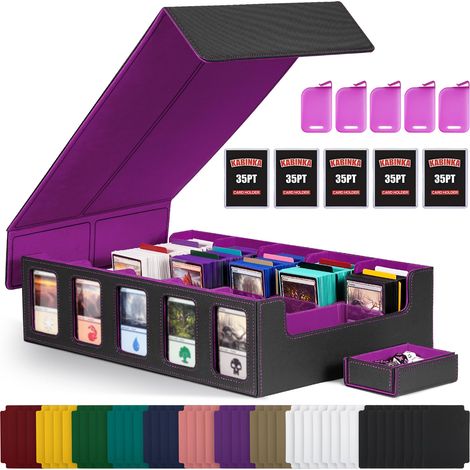 Boîte de rangement pour cartes à collectionner, 5 rangées, avec couvercle amovible, pour 3900+ cartes MTG, TCG, 5 pochettes rigides, 5 butoirs, 48 séparateurs, 1 plateau à dés (1/5)