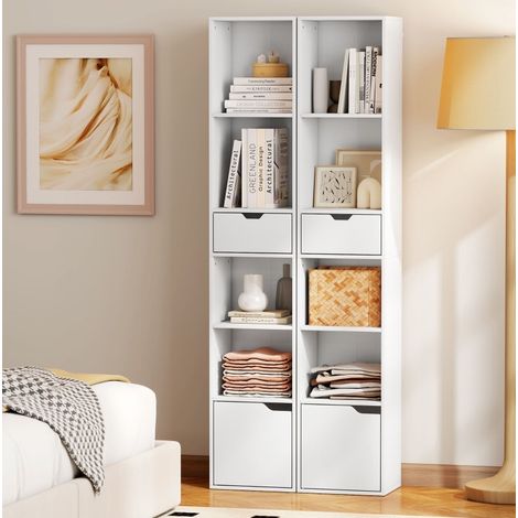 Estantería de libros con 4 compartimentos, cajón y armario, estante regulable, madera blanca (1/5)