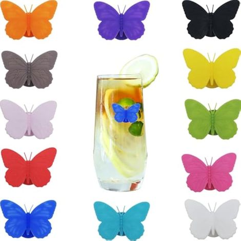 Marque-Verres, Papillon marqueur Marqueurs de Boissons en Silicone Identificateur de Verre à Vin, pour boissons, verres à vin, et embellissements amusants (12colors1pcs) (1/4)