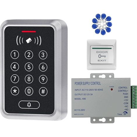 Contrôleur d’accès RFID 125 kHz avec Clavier à Code – WG26, Gestion Locale – pour Porte intérieure ou Zone Semi-abritée – Kit avec Alimentation DC 12V / 3A + Bouton de Sortie + 10 Badges RFID (1/5)