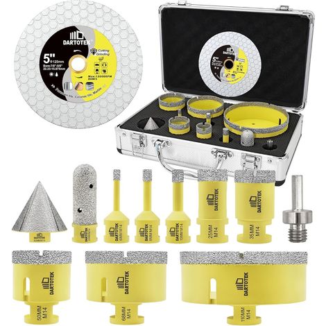 Forets Diamant pour Carrelage 12 Pièces - 6/8/10/25/35/50/68/110mm x M14 Trépan, 20mm Fraise, 50mm Mèche de Chanfrein, Adaptateur, Disque Diamant 125mm pour Céramique Porcelaine Marbre (1/5)