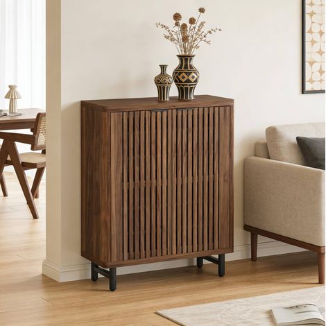 Meuble à chaussures 85x35x110 cm MDF métal brun foncé, portes ventilées pour entrée – MEUBLIV (1/5)