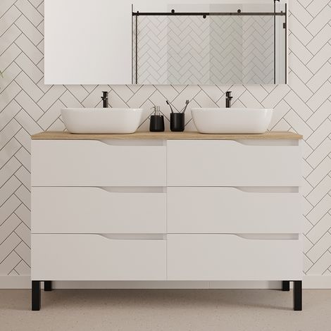 Meuble de salle de bain 140cm avec plateau miel et deux vasques à poser zeus - 6 tiroirs - sans miroir - blanc - MATA (1/4)