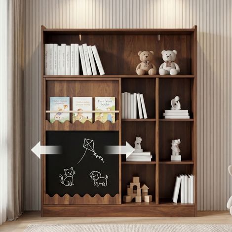 Bibliothèque avec tableau noir, portes coulissantes et étagère à livres images, étagère ouverte 9 cases avec grand rangement, 120x38,5x151,5 cm, couleur noyer