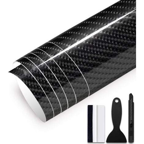 300cm x 30cm Covering Noir Brillant de Voiture Film Autocollant Adhésif Film de Protection pour Voiture Intérieure/Extérieure, Moto, Vélo (6D Carbon Fiber, 150cm x 30cm) (1/5)