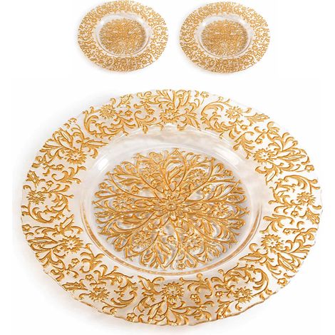Piatti tondi in vetro con decoro dorato effetto ricamo set 2 pezzi (1/3)