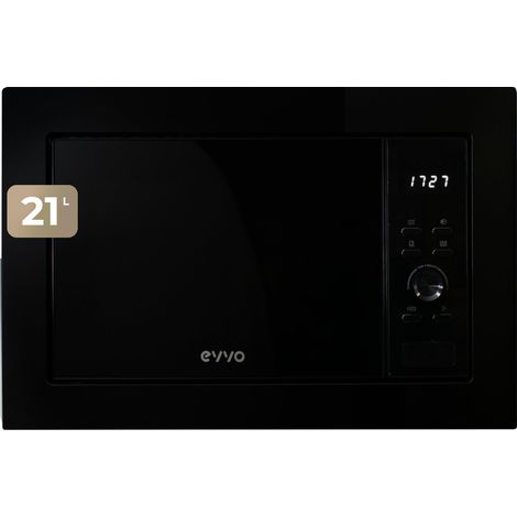 EVVO Microondas integrable Mi30 Black, 21L de Capacidad, Grill 1000W, Puerta y Marcos Efecto Brillante, Multifunción, Función Descongelar, Temporizador 60 Minutos,Display Digital (Acabado Negro)