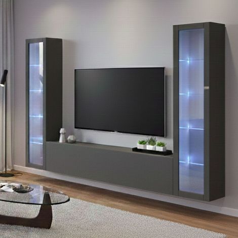 Dmora - Pared Equipada Dduc, Conjunto de salón Mueble de TV con 3 puertas, Mueble de salón polivalente con vitrina y luz LED, 100% Made in Italy, cm 260x30h180, Antracita (1/5)