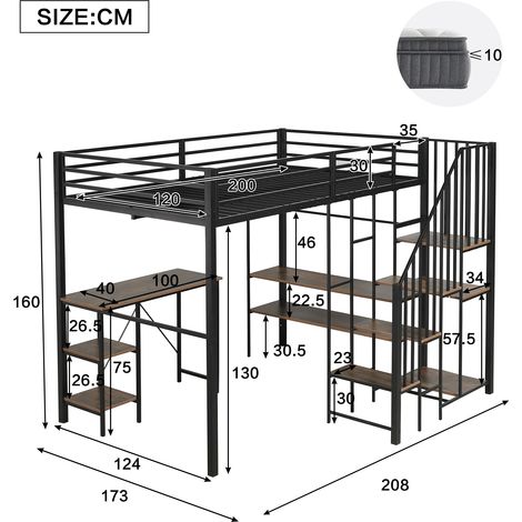 Lit superposé en fer pour enfants et ados, avec échelle-coffre de rangement, bureau et étagère, penderie ouverte, fer+MDF, noir et bois vintage, 120x200 cm (1/5)