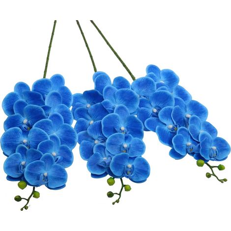 Ensemble de 3 tiges d'orchidées artificielles SHACOS en PU au toucher réaliste, grandes fleurs artificielles Phalaenopsis, décoration pour la maison et les mariages (3 pièces, bleu) (1/5)