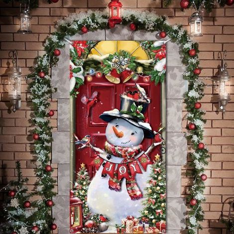 Bannière porte bonhomme neige Noël – Toile fond, rideaux – Décoration entrée festive (1/4)