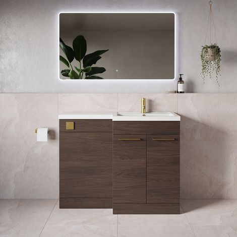 Napoli 390 Brown Oak 1100mm 2 Door Vanity Unit Toilet Suite with Square Right Hand Lucia Basin - 1100mm - Brushed Brass 160mm HandleWithout Kingston Toilet Pan