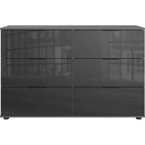 Commode, meuble de rangement à 6 tiroirs coloris graphite, verre noir - Longueur 130 x Hauteur 83 x Profondeur 41 cm (1/2)