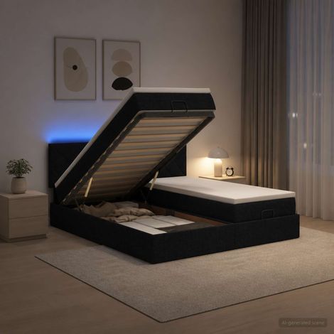 Cama tipo otomana con colchón y LED Negro 160 x 200 cm Tela (1/5)