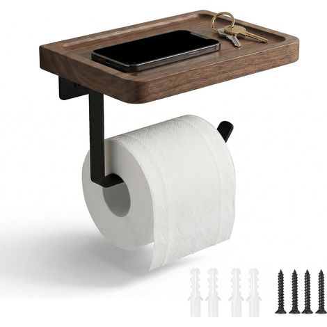 Porte-Rouleau de Papier Toilette avec Étagère en Bambou, Support Mural en Bois Papier Toilette sans Perçage, Derouleur Papiers Toilettes Mural Adhésif pour Salle de Bain, Porte Pq,18x13x10cm (1/5)
