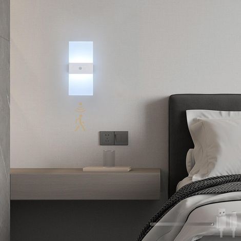 Applique murale LED, veilleuse, détecteur de mouvement 120°, intensité variable, batterie 2200 mAh (Blanc, 22 cm/blanc 6000 K). (1/5)