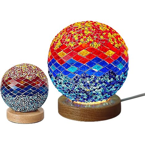 Lampe de nuit mosaïque verre et bois base orange, style bohémien vintage, USB, 3 niveaux de luminosité, modèle Méditerranée, pack standard ACKERMAN (1/2)