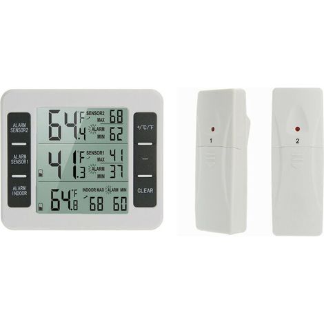 Termómetro inalámbrico para frigorífico y congelador (1 unidad), con 2 sensores, alarma audible, mín./máx., para interiores y exteriores, ideal para cocinas, restaurantes, bares y cafeterías. (1/4)