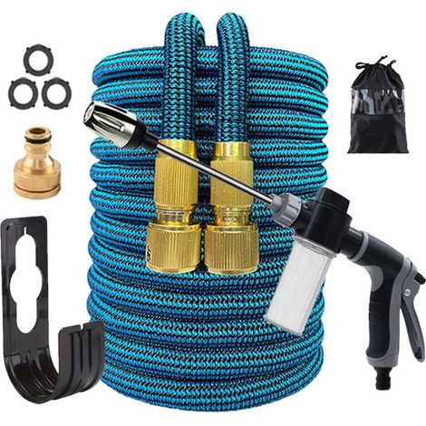 Tuyau d'Arrosage Extensible 25FT (7,5m) - Kit Complet avec Pistolet à Mousse Longue Tige Gris & Tuyau Tressé Bleu -lsw (1/4)