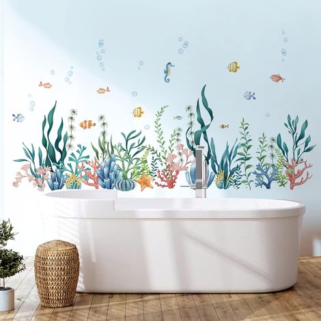 Autocollant Murale Sous-Mer - Algues Poissons Corail - Décoration Murale pour Chambre d'Enfant Salle de Bain - 2 Feuilles (1/5)