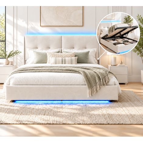 Lit coffre 160 x 200 cm Velours beige  avec poches latérales - Lit double rembourré 160 x 200 cm - Éclairage LED réglable - Sommier à lattes en bois